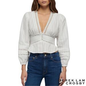 DEREK LAM **NWT** Rania White Lace-Trimmed Pintucked Cotton-Gauze Blouse